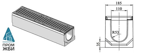 Лоток водоотводный DN 110 Н 130 «ГеммаДренаж» в комплекте с чугунной решеткой ВЧ-50