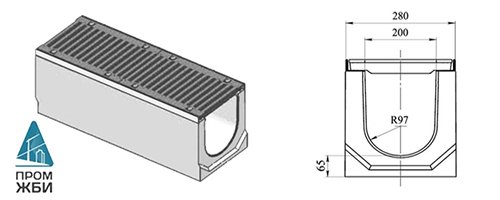 Лоток водоотводный DN 200 Н 230 «ГеммаДренаж» в комплекте с чугунной решеткой ВЧ-50