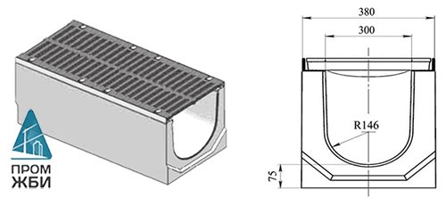 Лоток водоотводный DN 300 Н 410 «ГеммаДренаж» в комплекте с чугунной решеткой ВЧ-50