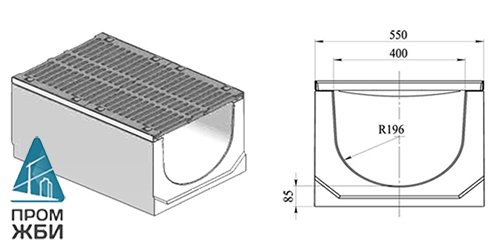 Лоток водоотводный DN 400 Н 450 «ГеммаДренаж» в комплекте с чугунной решеткой ВЧ-50